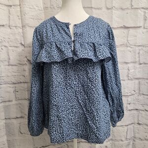 J. Crew Ruffle-front top in leopard chambray Size M